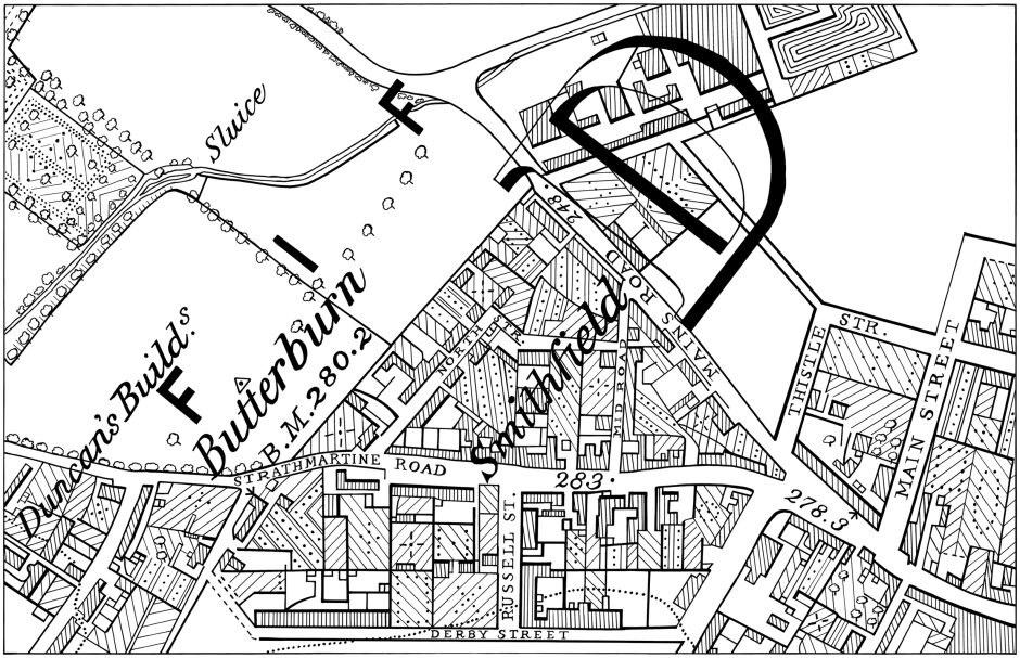 Image of a section of a historical map of an area around Strathmartine Road in Dundee.