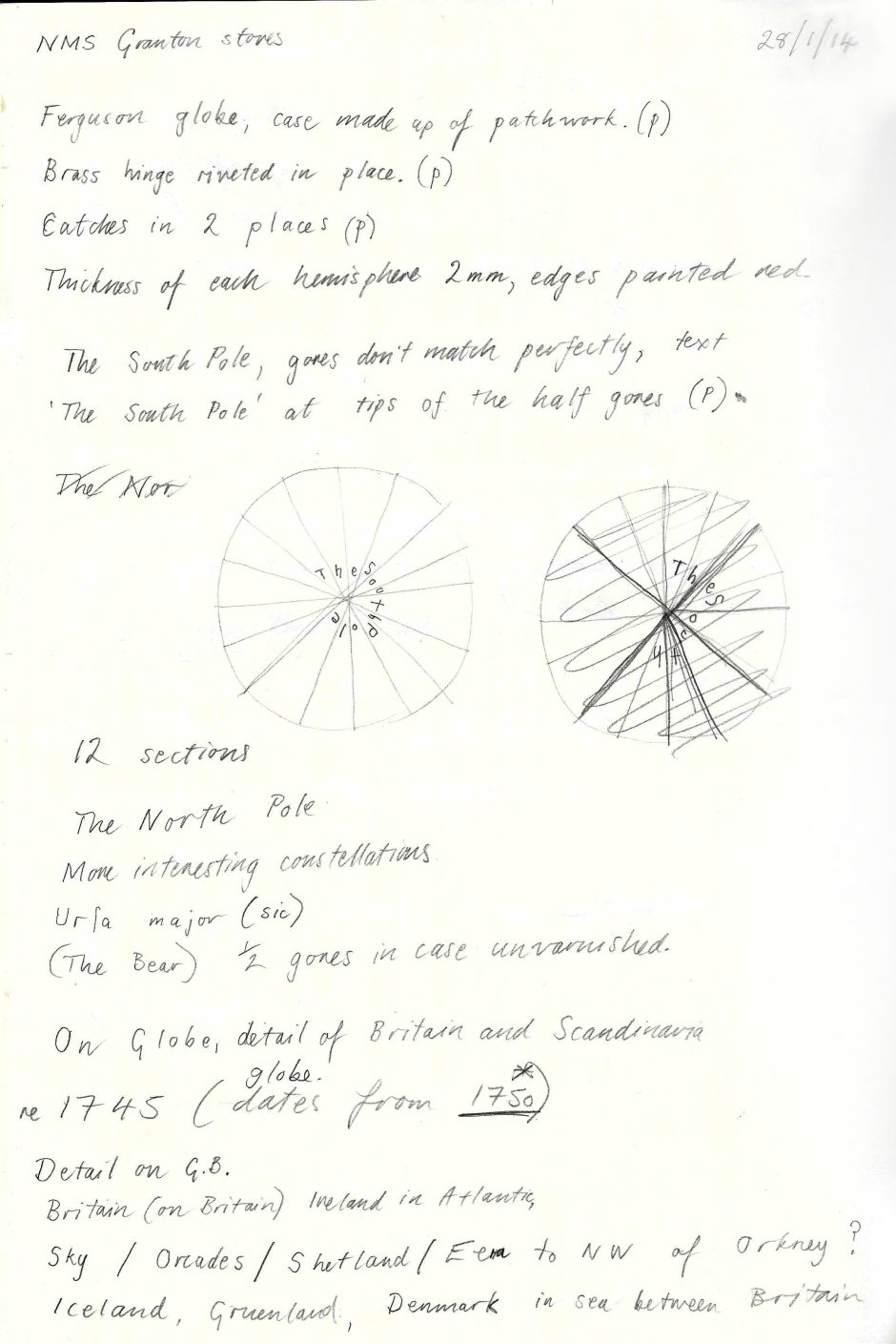 Hand written notes on the page of a sketchbook that relate to the images of the pocket globe and its case, at the top of the page it notes NMS Granton stores, 28/1/14
