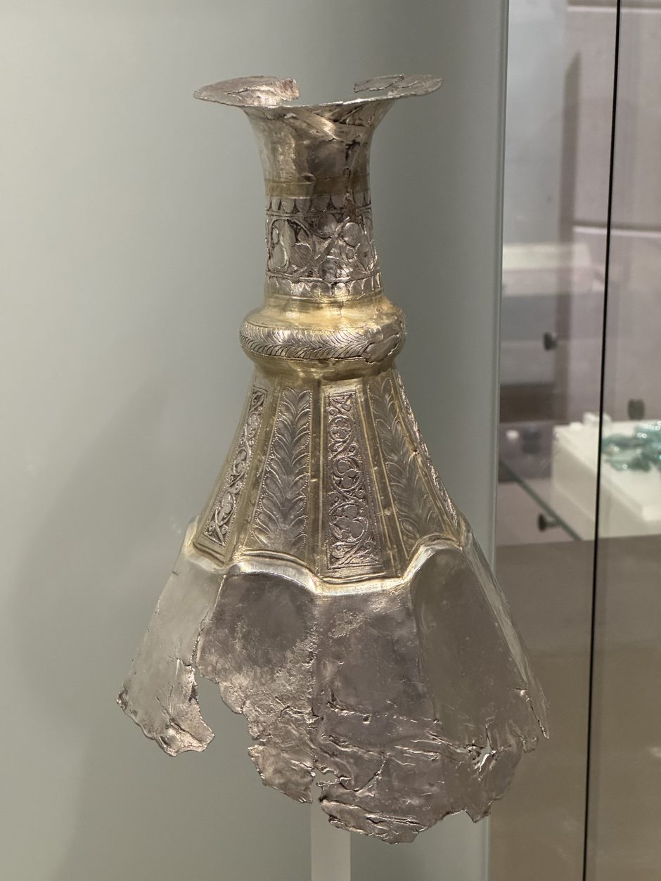 Neck of a silver vessel, with leaf motifs, there are areas that look gold