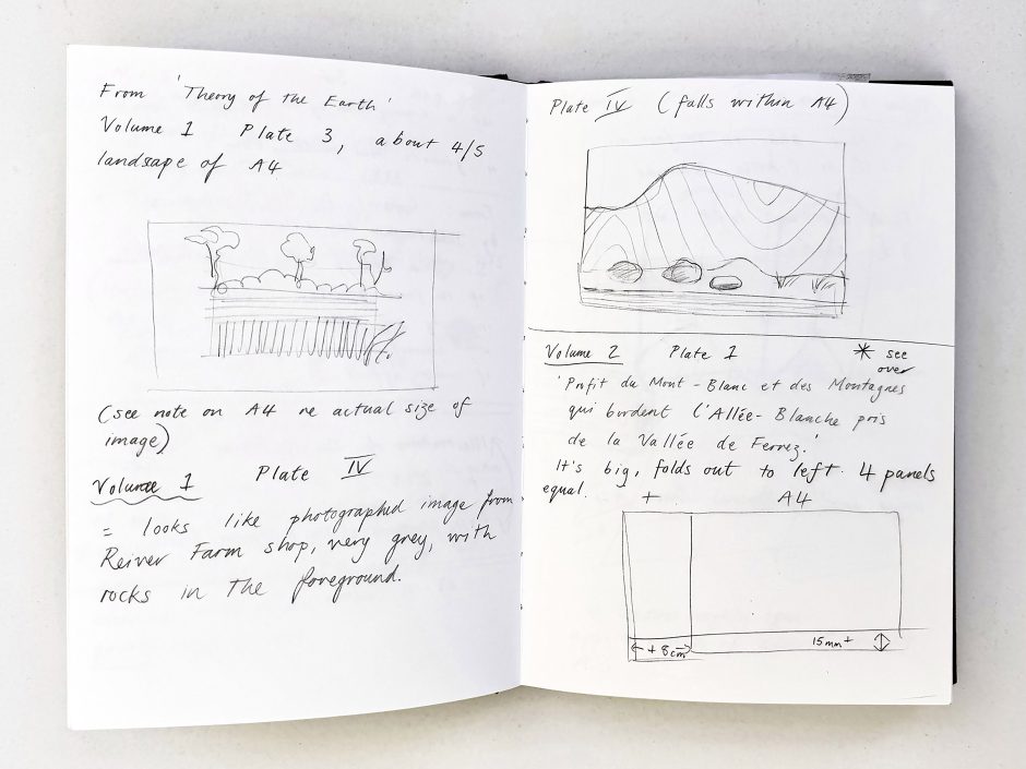 Open sketchbook with notes about James Hutton's Theory of the Earth